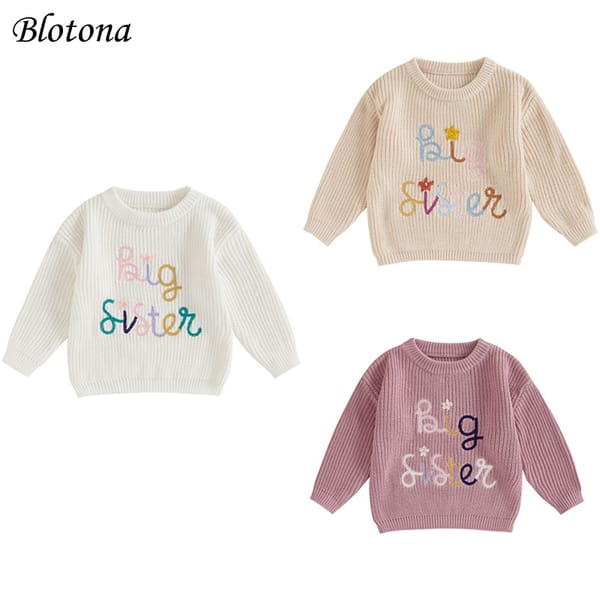 Blotona Little Baby Girls Fall Winter Knitted Sweater Casual Letter Flower Embroidery O-Neck Long Sleeve Knitwear Pullover Tops