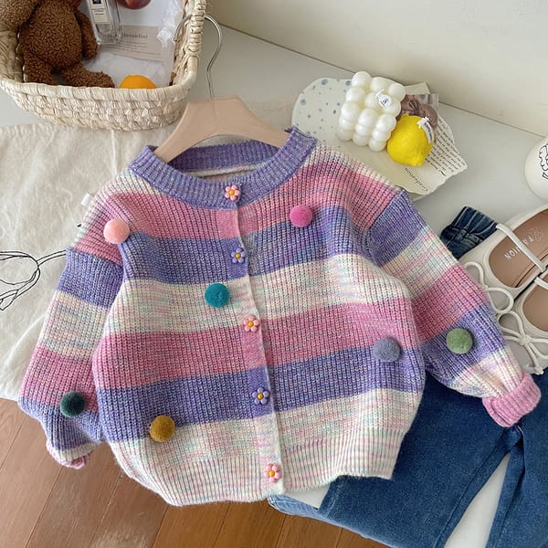 2024 Autumn New Cute Kids Baby Sweaters Jacket 3D Fur Ball Colors Striped Cardigan Knitwear Spring Toddler Button Pullover Coats