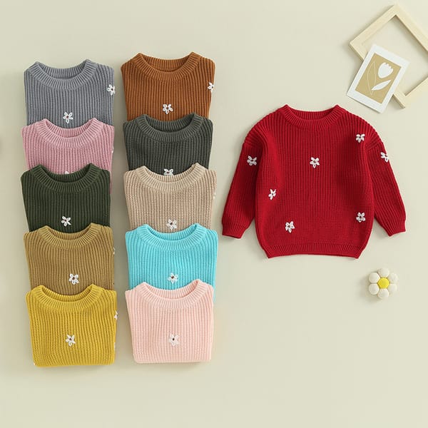 Toddler Girl Baby Autumn Sweater Flower Jacquard Pattern Long Sleeve Round Neck Knitwear Pullover