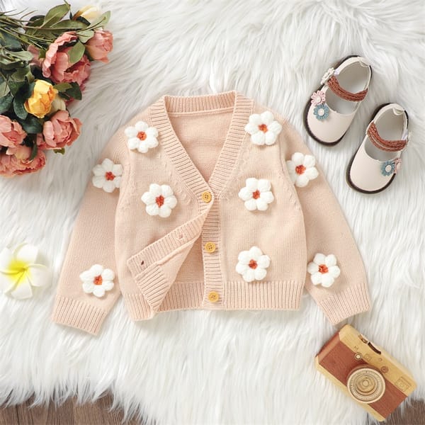 New Baby Girl Cardigan Long Sleeve V Neck Button Closure Flower Winter Warm Knit Sweater Infant Clothes 6 Months-3 Years