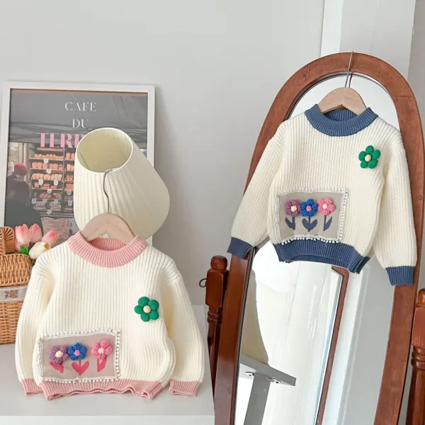 Sweater Korean Childrens Clothing Girls Flower Fashionable Solid Color Knitwear Tops Round Collar Warm Sweet Lovely