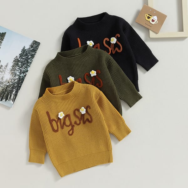 Suefunskry Newborn Baby Girl Boy Knitted Long Sleeve Autumn Winter Sweater Flower Letter Embroidery Loose Pullover Casual Tops