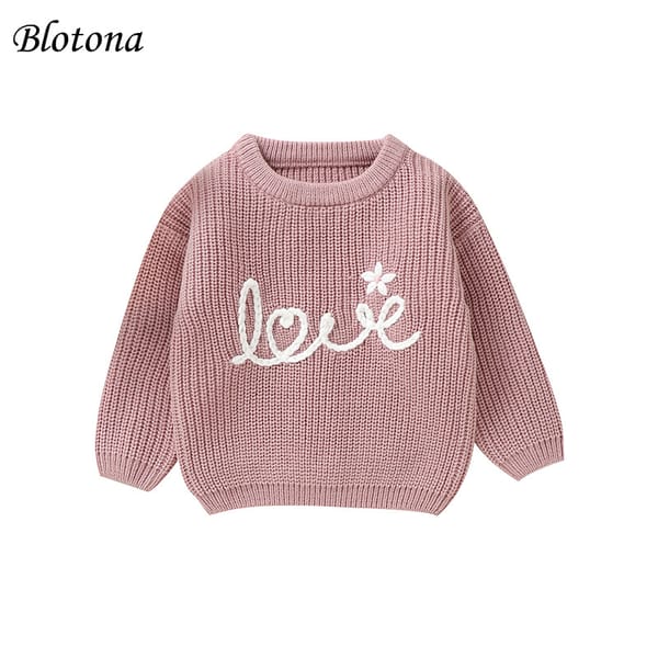 Blotona Toddler Girls Autumn Winter Knitted Sweater Long Sleeve Letter Flower Embroidery Casual Pullover Knitwear Tops