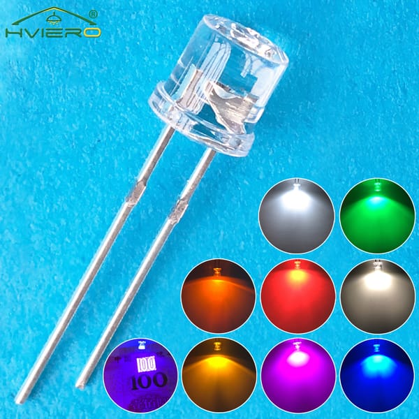 100pc Angle Light Diode Min F5 5mm Flat Top White Red Pink Yellow Blue Wide Water Clear LED Bead Ultra Bright Bulb Emitting Lamp