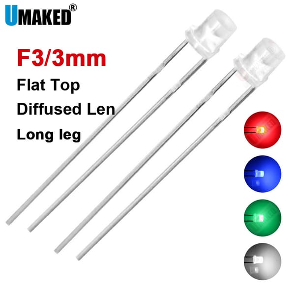1000pcs 3mm Diffused LED flat top lamps diodes chip,long leg  light beads F3 led Emitting diodes W/R/G/B Lighting DIY lamp