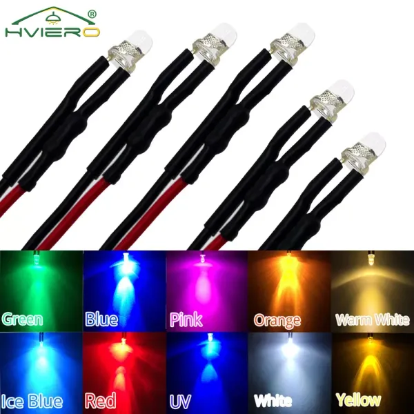 20X Min F3 3mm 20cm Pre wired LED Round light lamp bulb chip beads cable DC 12V white warm Red Green Blue Yellow Emitting Diodes