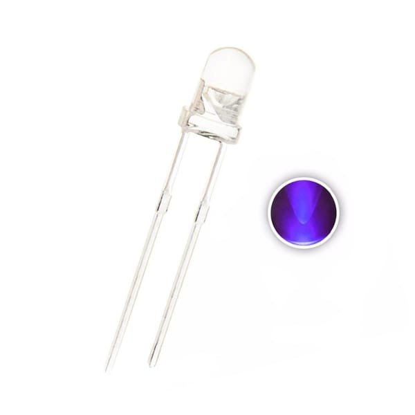 100PCS, F3 3MM Purple DIP LED , Water Clear, Short Pins, Round 395-400nm 3.2-3.4v 100-200mcd  F3 Violet UV LIGHT BEADS
