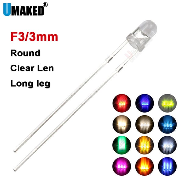 1000PCS 3mm Clear len 28mm leg LED round lamps diodes chip  light beads F3 led Emitting diodes WW/W/R/G/B/Y Lighting DIY lamp