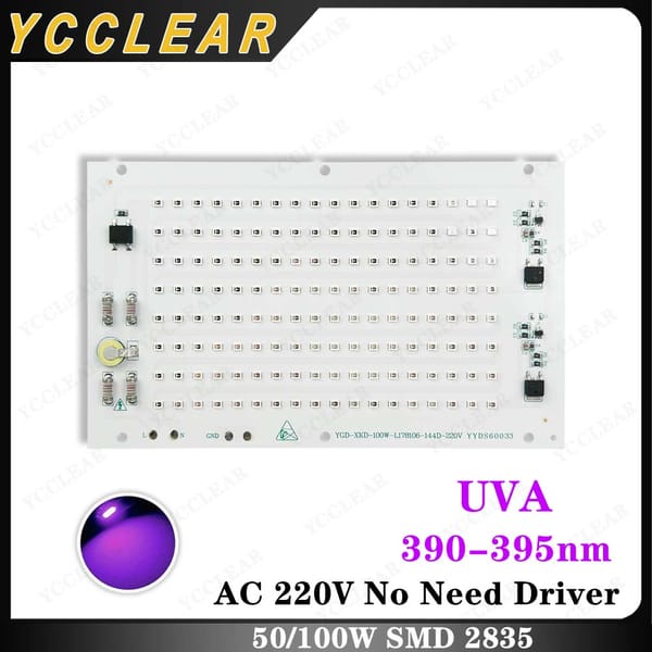 High Power 50W 100W UVA 395nm LED Light Source Board Drive-Free AC 220V SMD 2835 COB Ultraviolet Lamp Beads For Curing Lamps