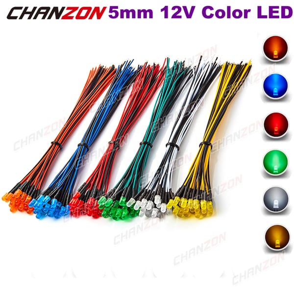 120pcs 5mm 12V Prewired LED Diode Kit Light Beads White Red Green Blue Yellow Orange Diffused Wired Emitting Lamp Assortment Set